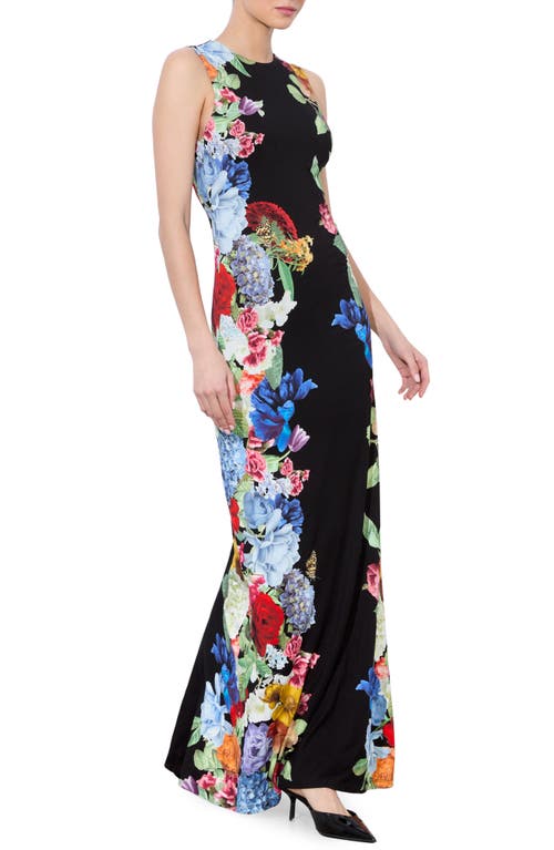 Shop Alice And Olivia Alice + Olivia Delora Placed Floral Open Back Maxi Dress In Garden Brunch Black