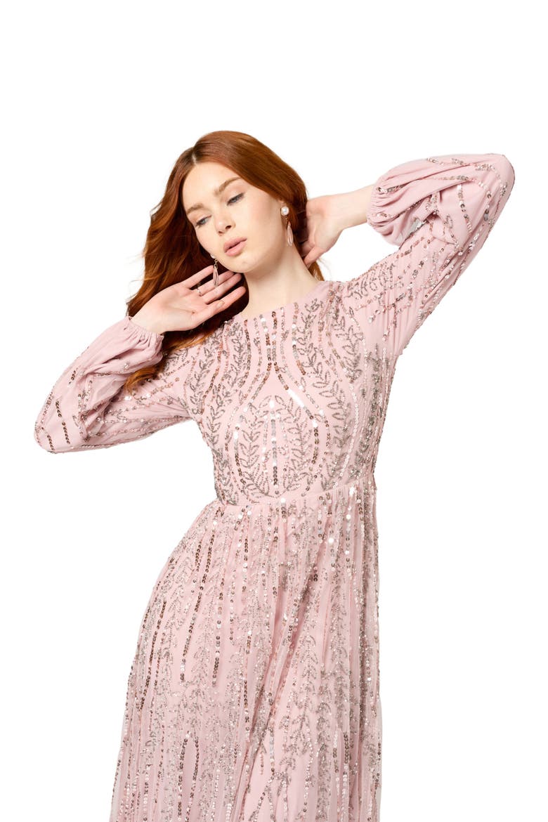 Occasion Modest Embellished Sequin Beaded A Line Evening Maxi Dress, Alternate, color, FROSTED PINK
