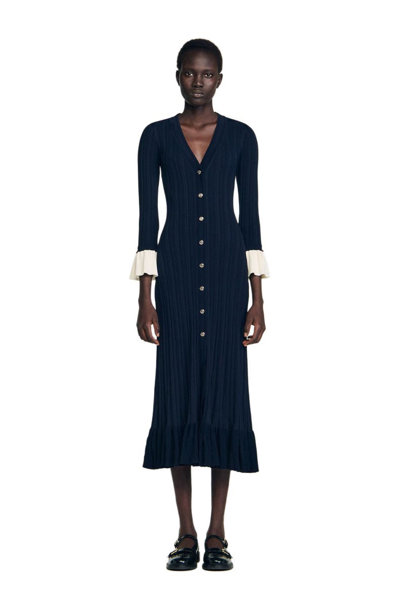 SANDRO Two-tone knit midi dress, Main, color, Navy Blue
