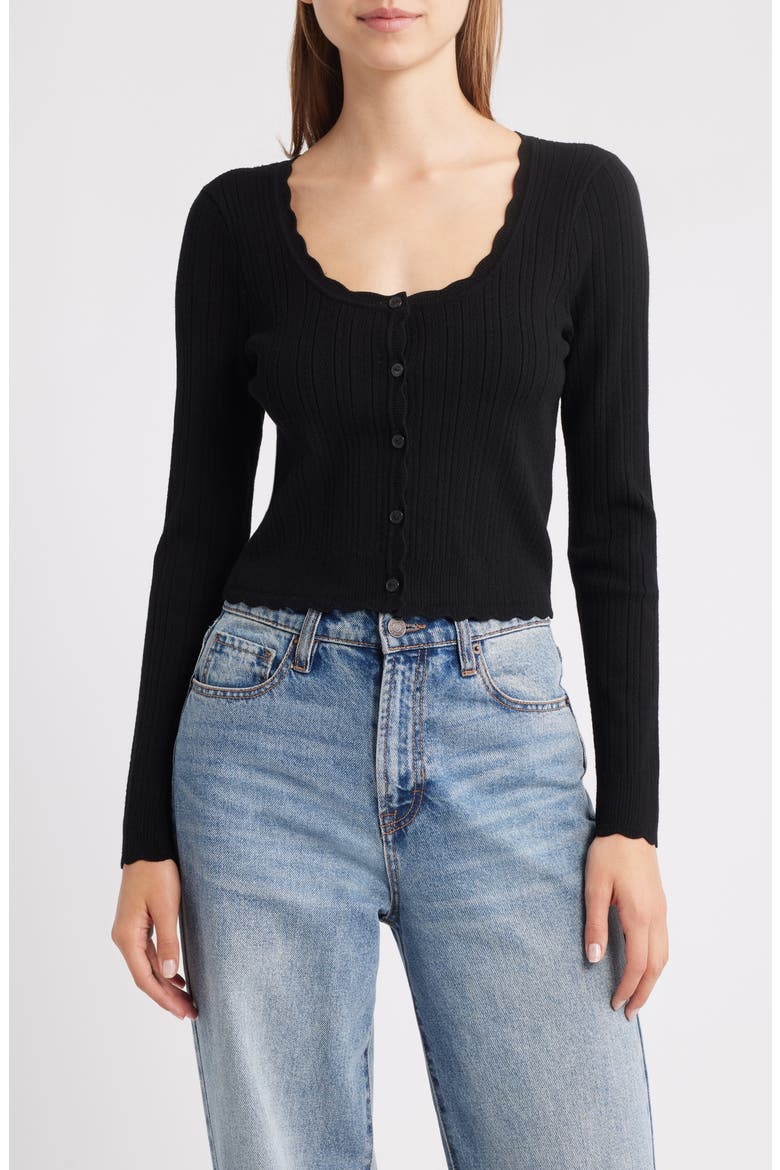 Martti Scallop Trim Crop Pointelle Cardigan, Main, color, BLACK