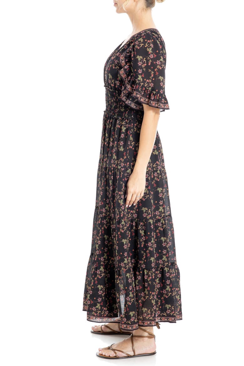 Ruffle Sleeve Tiered Maxi Dress, Alternate, color, BLACK/ GREEN FLORAL