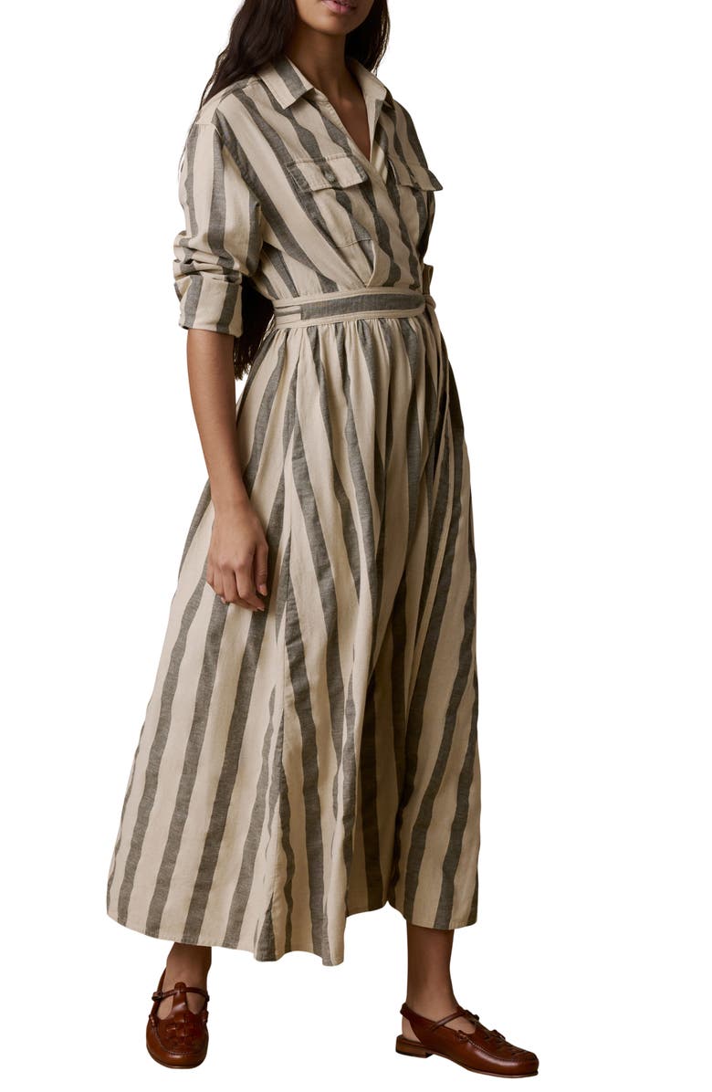 Faherty Julia Stripe Long Sleeve Organic Cotton & Linen Blend Wrap Shirtdress, Main, color, Pine Bay Stripe