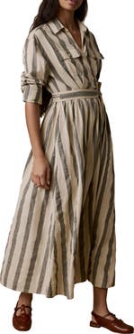 Faherty Julia Stripe Long Sleeve Organic Cotton & Linen Blend Wrap Shirtdress