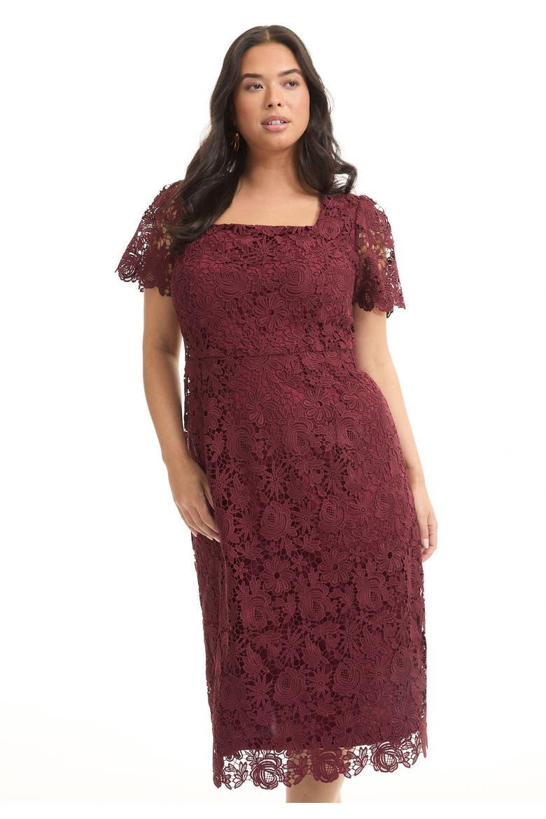 Square-Neck Lace Midi Dress, Alternate, color, ZINFANDEL