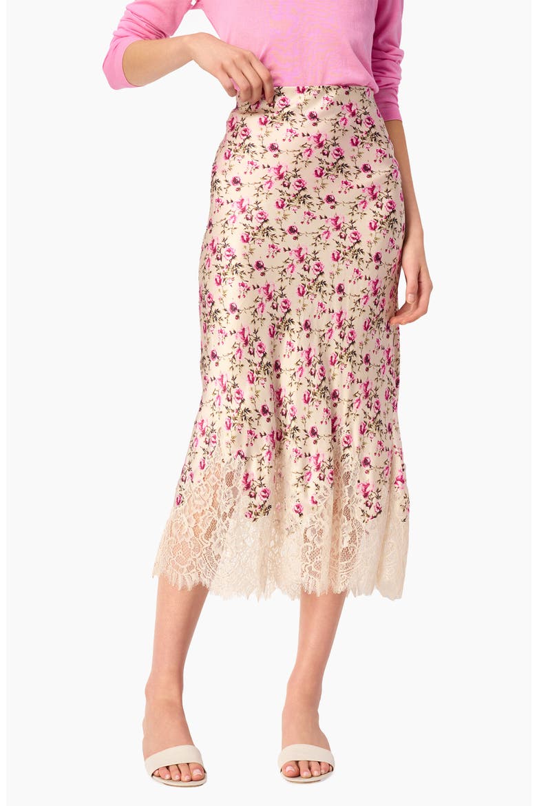 Vivienne Floral Lace Panel Stretch Silk Midi Skirt, Main, color, CAMELLIA DITSY