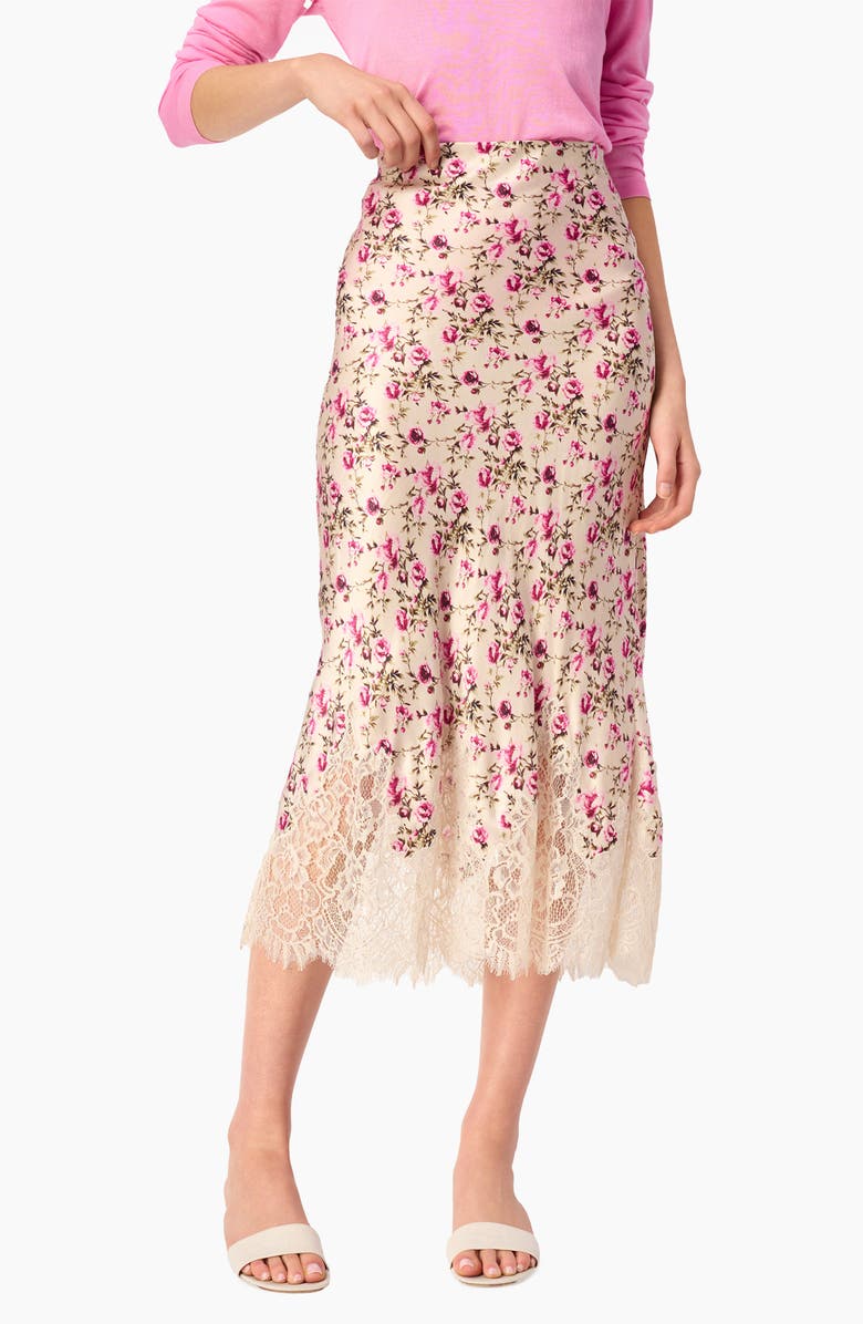 CAMI NYC Vivienne Floral Lace Panel Stretch Silk Midi Skirt, Main, color, Camellia Ditsy