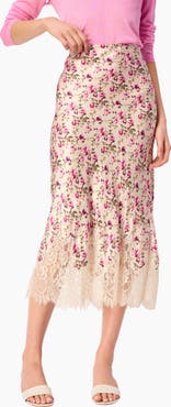 CAMI NYC Vivienne Floral Lace Panel Stretch Silk Midi Skirt