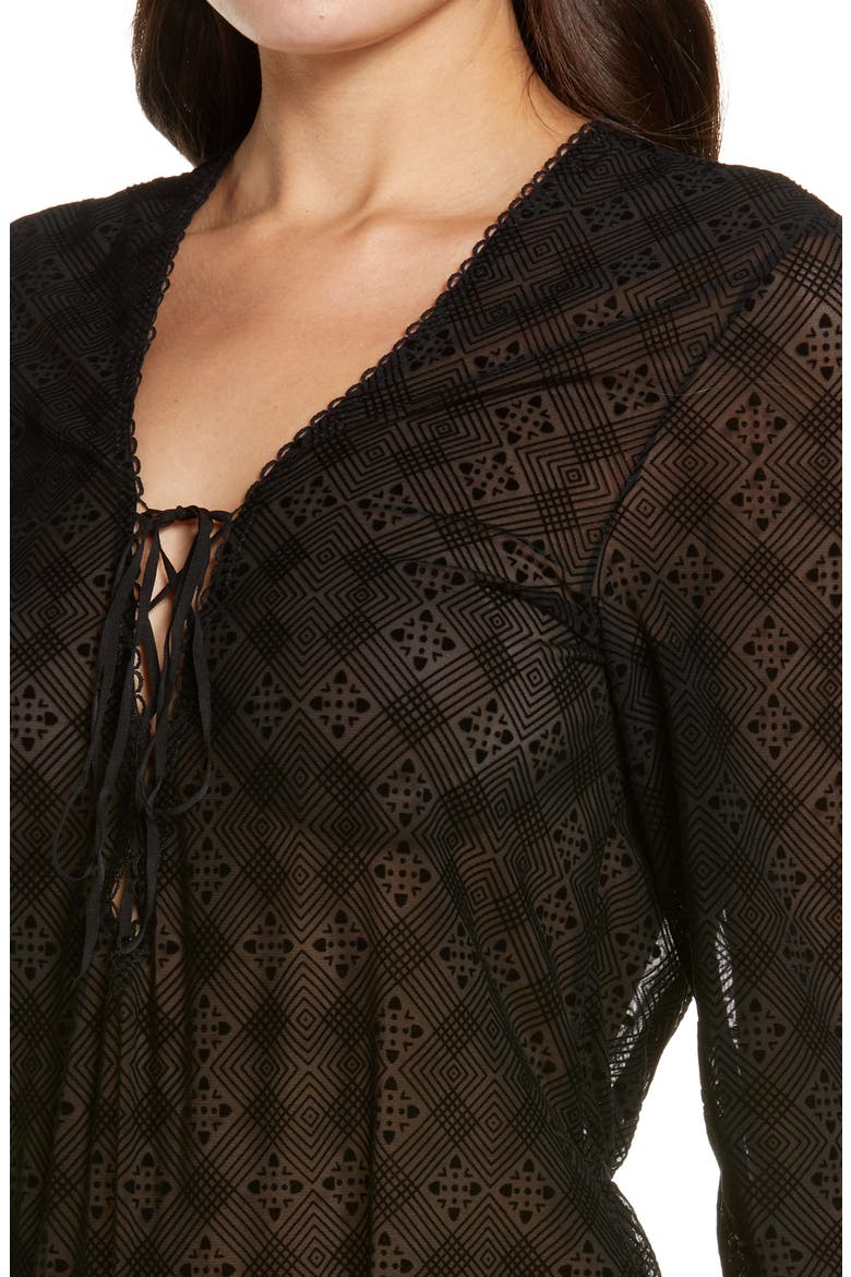 Long Sleeve Geo Lace Bodysuit, Alternate, color, BLACK