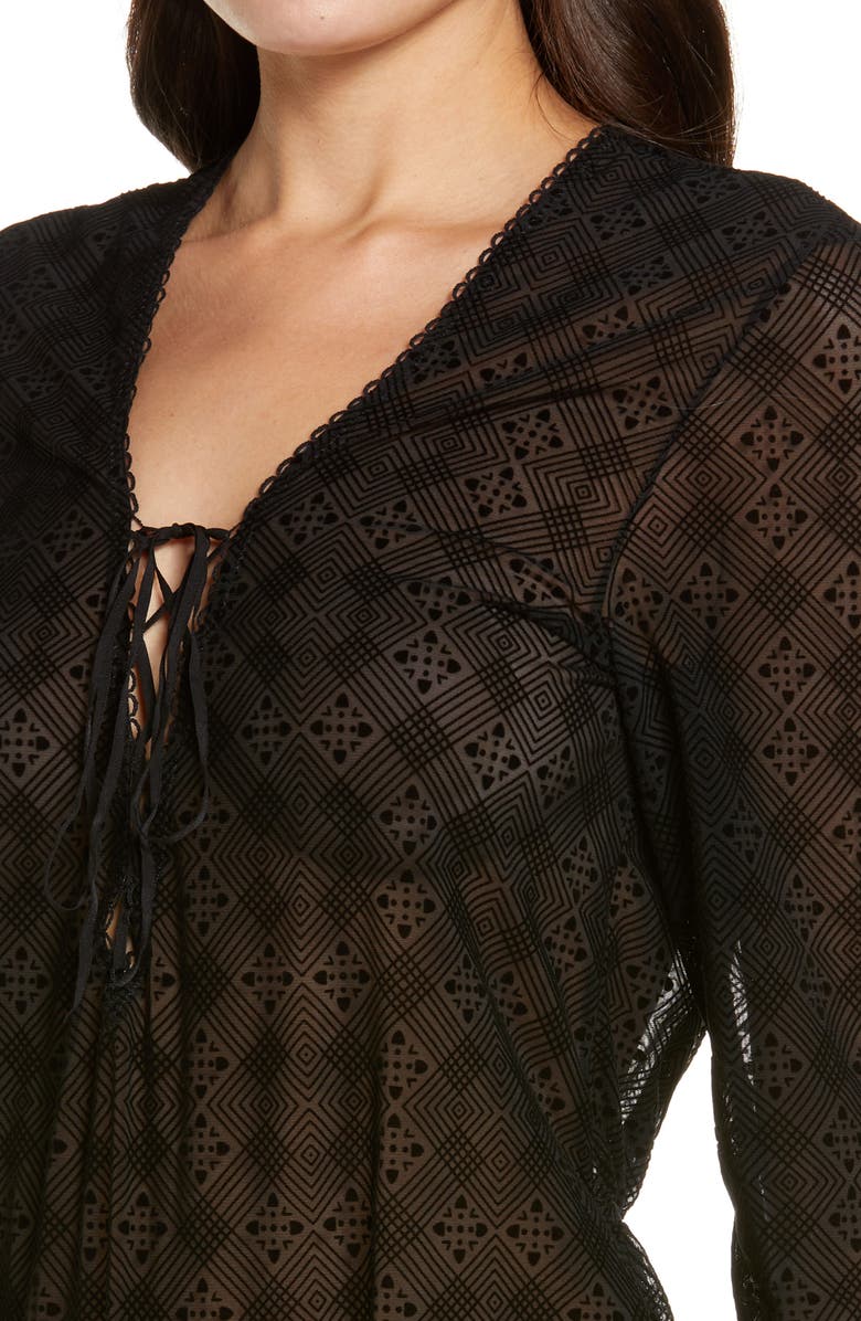 Coquette Long Sleeve Geo Lace Bodysuit, Alternate, color, Black