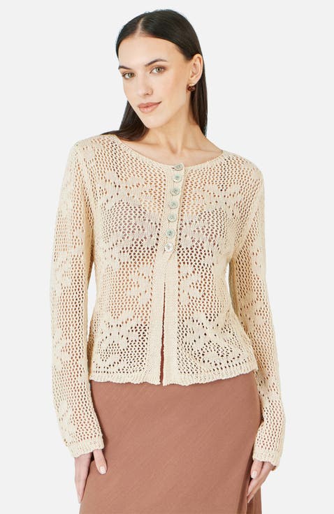 Flower Crochet Button Up Cardigan
