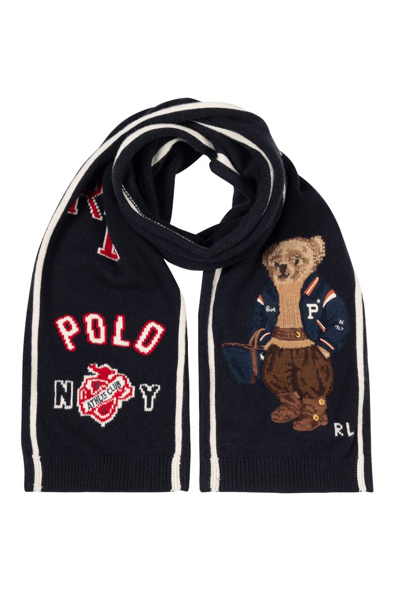 Polo Bear Intarsia Wool & Cashmere Scarf, Main, color, NAVY MULTI