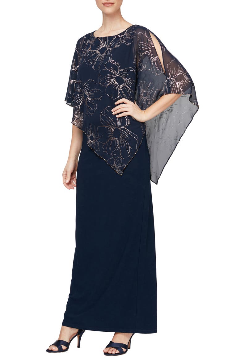 Metallic Chiffon Overlay Gown, Main, color, NAVY/ ROSE GOLD