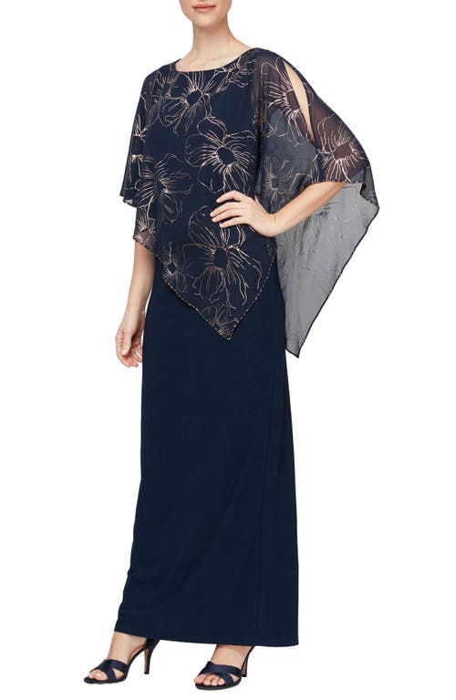 Sl Fashions Metallic Chiffon Overlay Gown In Navy/rose Gold