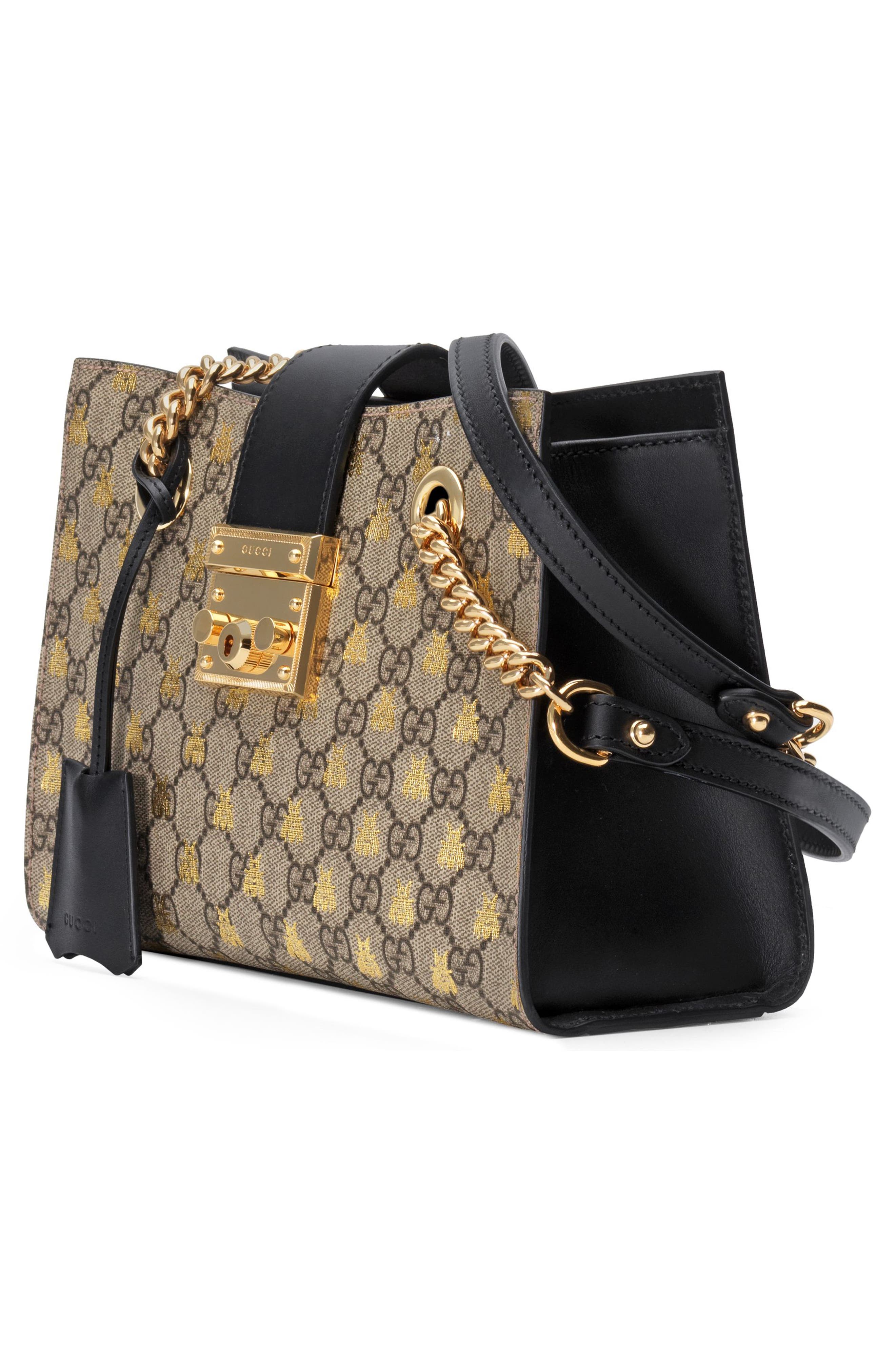Gucci Small Padlock GG Supreme Bee Shoulder Bag, Alternate, color, 