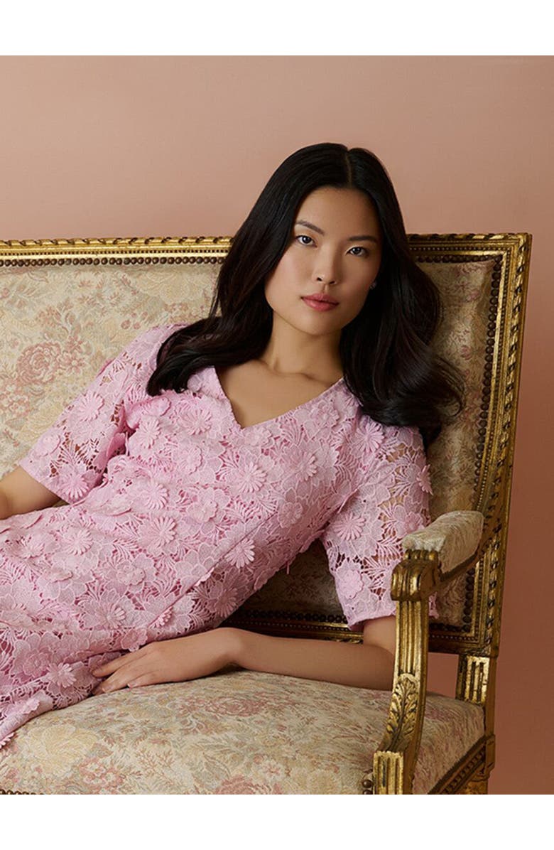 Misook Lined Floral Lace Applique Woven Midi Dress, Alternate, color, Cherry Blossom