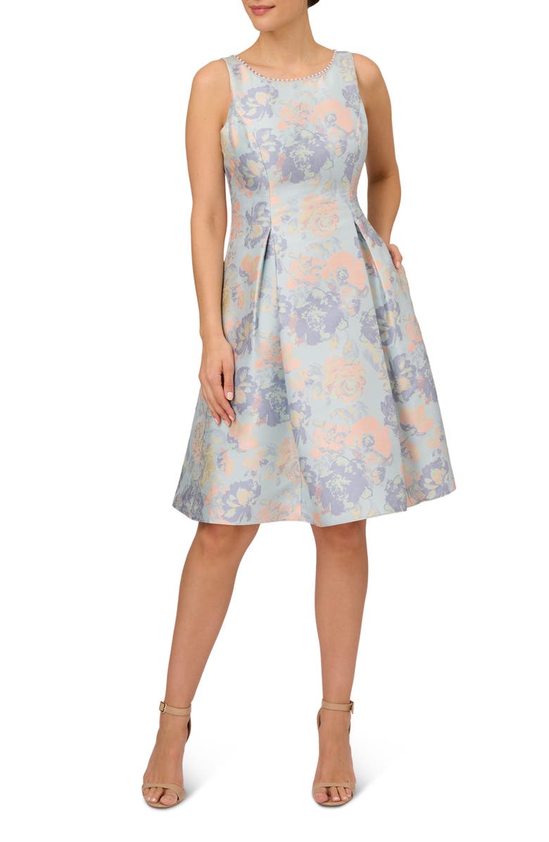 Adrianna Papell Floral Jacquard Imitation Pearl Detail Cocktail Dress, Main, color,