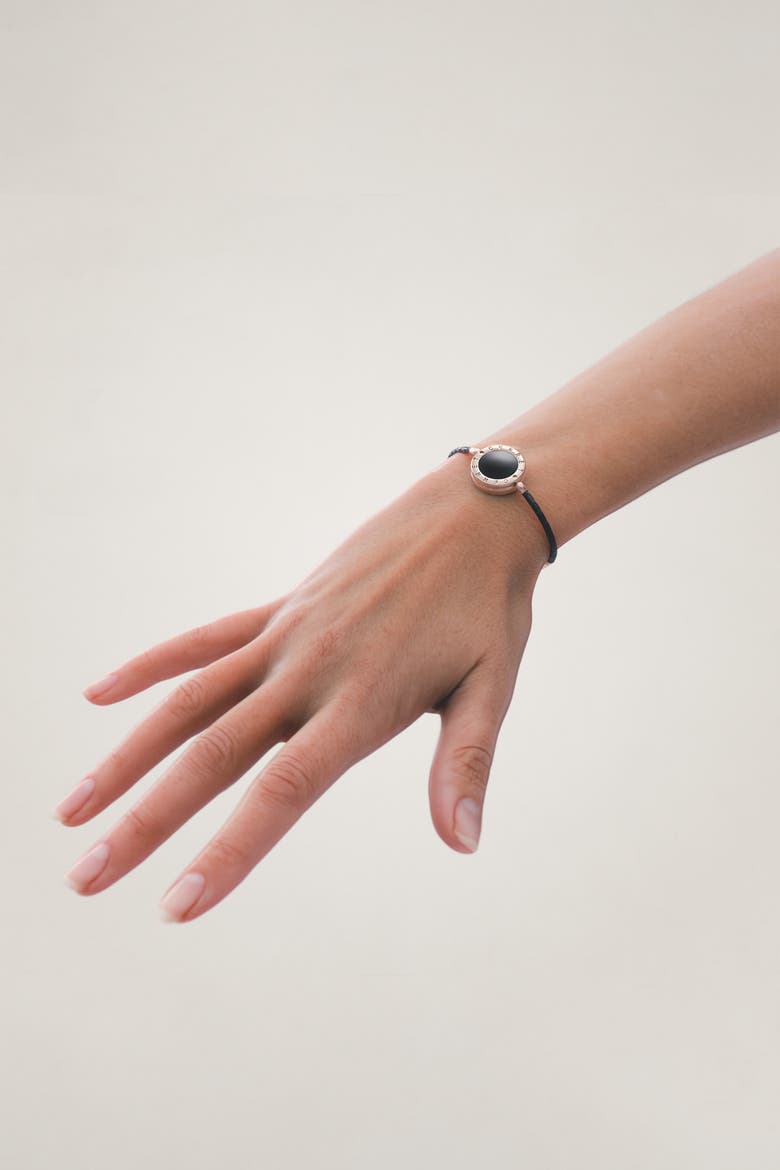 Silver 925 Plated Leather Strap With Black Enamel Luxury Safety Bracelet, Alternate, color, Silver