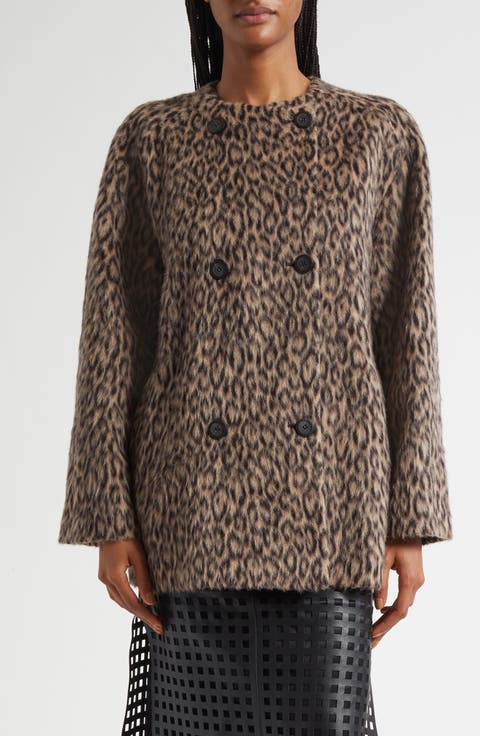 Leopard Print Wool Blend Double Breasted Jacket