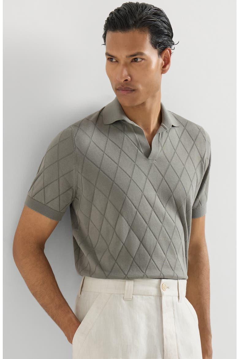 Cotton textured Argyle lightweight knit polo shirt, Alternate, color, Khaki