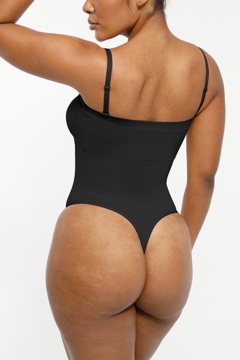 Skin Flow Strapless Sculpt Thong Bodysuit, Alternate, color, Black