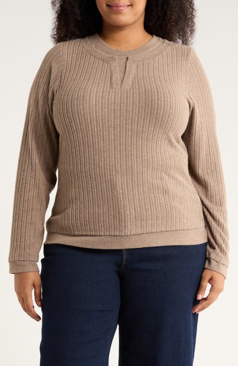 Twofer Long Sleeve Ribbed Top (Plus)