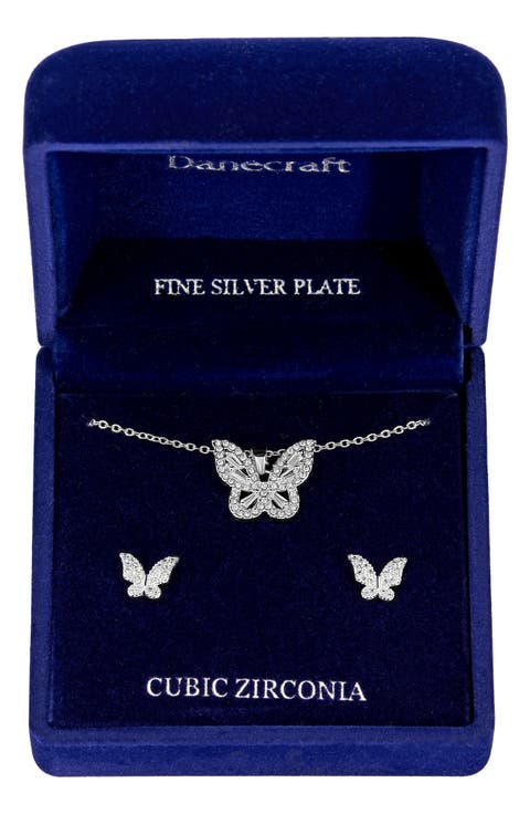 CZ Butterfly Pendant Necklace & Earrings Set