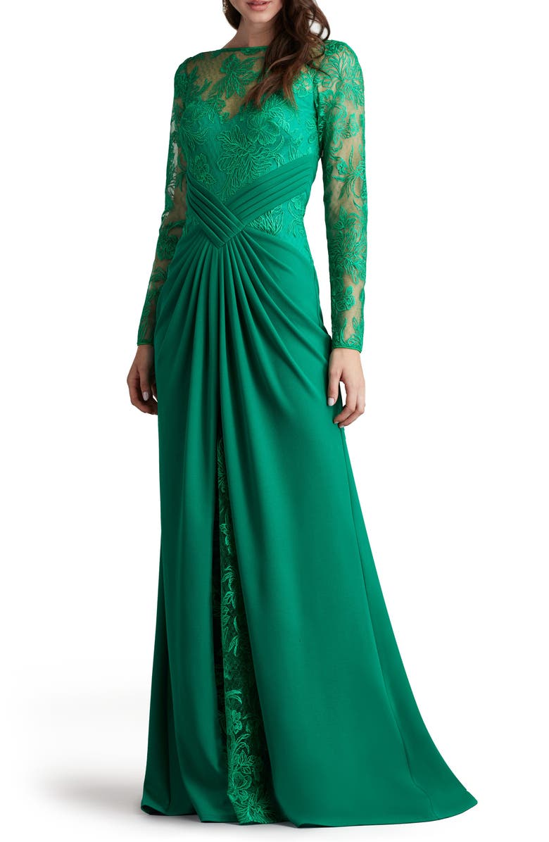 Tadashi Shoji Floral Embroidery Long Sleeve Mixed Media Gown, Alternate, color, 