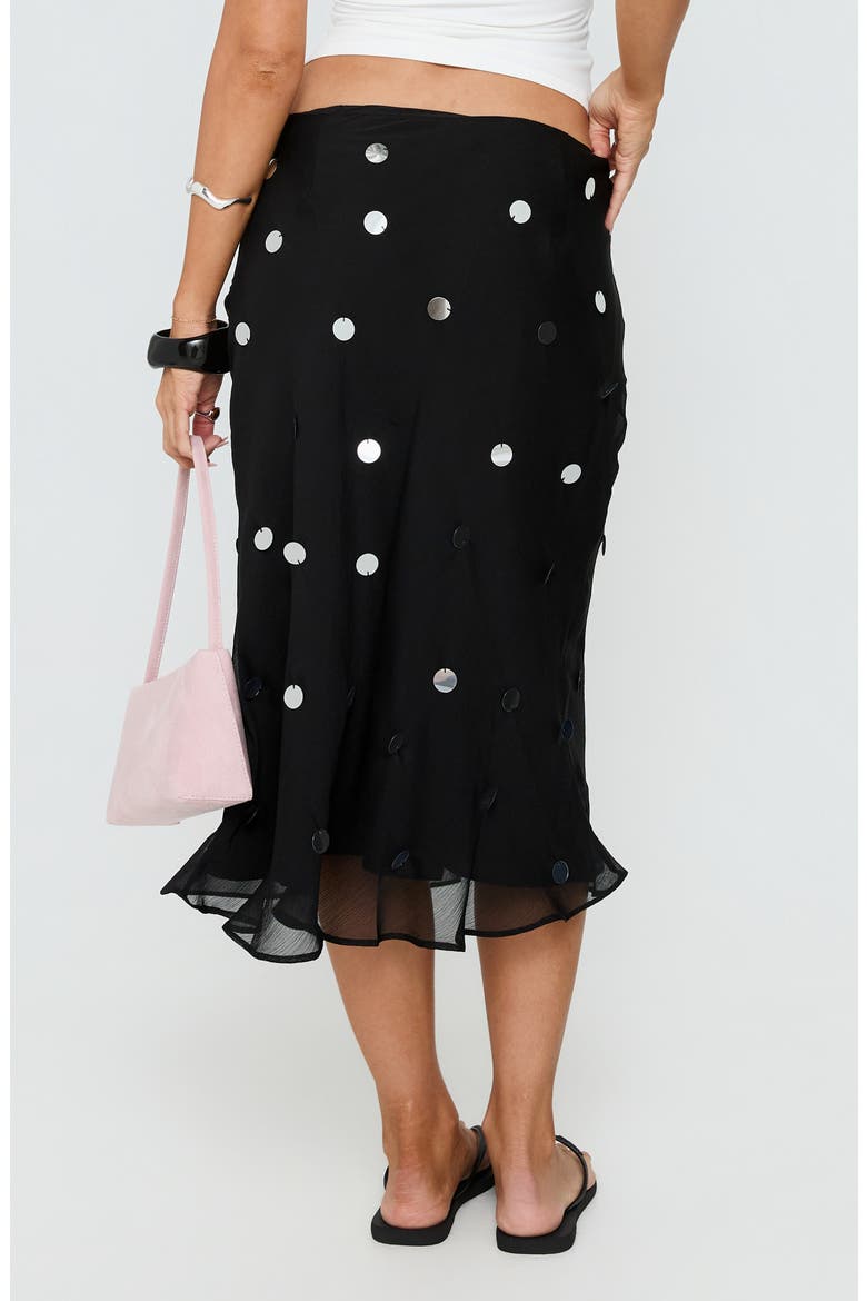 Kessiah Sequin Low Rise Midi Skirt, Alternate, color, BLACK