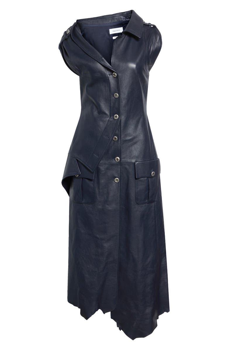 McQueen Asymmetric Leather Shirtdress, Main, color, Navy