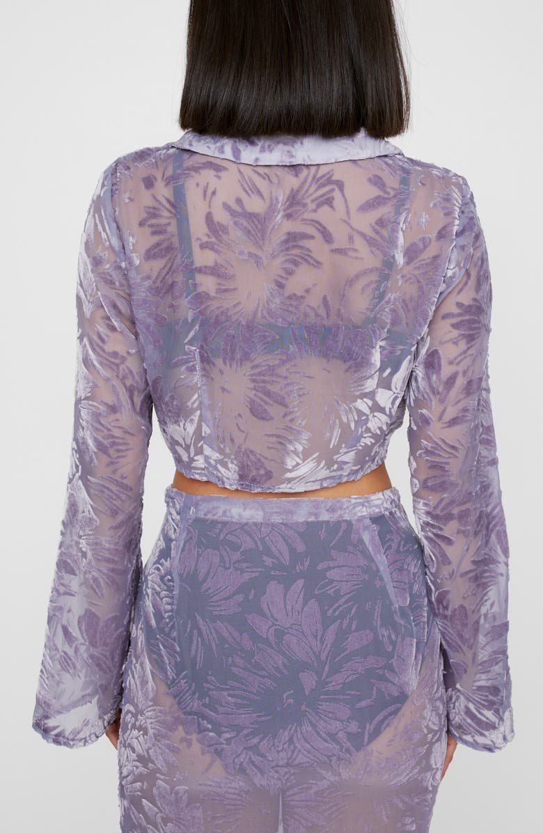 NASTY GAL Devoré Tie Front Velvet Jacquard Crop Top, Alternate, color, Lilac