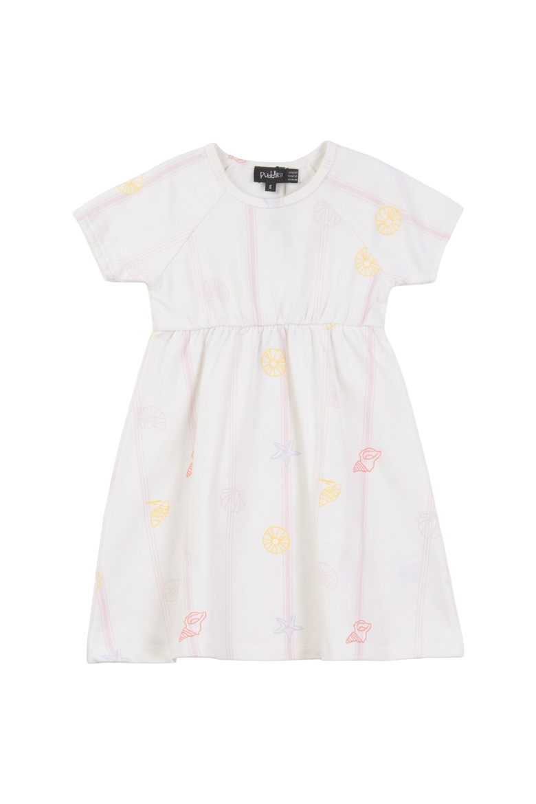 SeaShell Art Short Sleeve Elastic Waist Dress, Main, color, Ivory/Pink