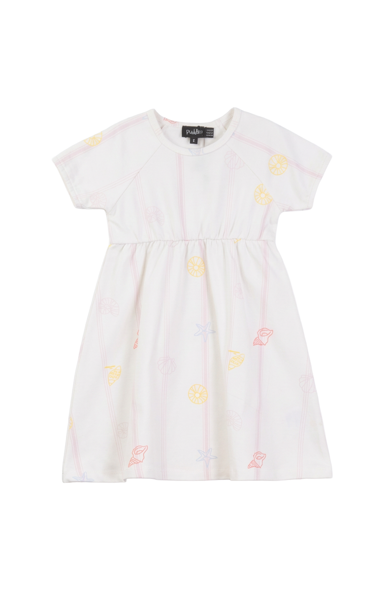 Puddles SeaShell Art Short Sleeve Elastic Waist Dress, Main, color, Ivory/Pink