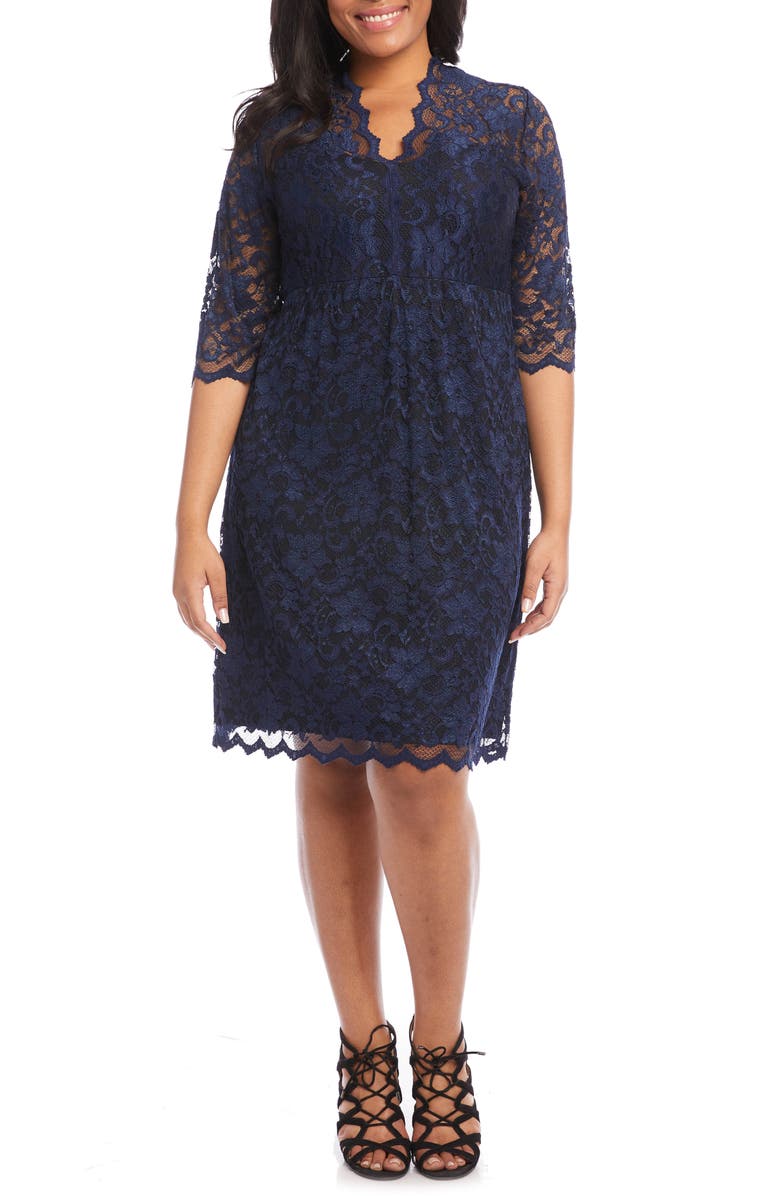 Karen Kane Scalloped Stretch Lace Dress, Main, color, Navy
