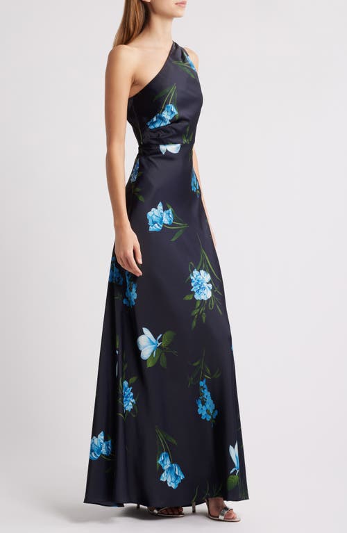Sachin & Babi Delphine Floral One-shoulder Satin Crepe Gown In Night Sky Blue Oculata