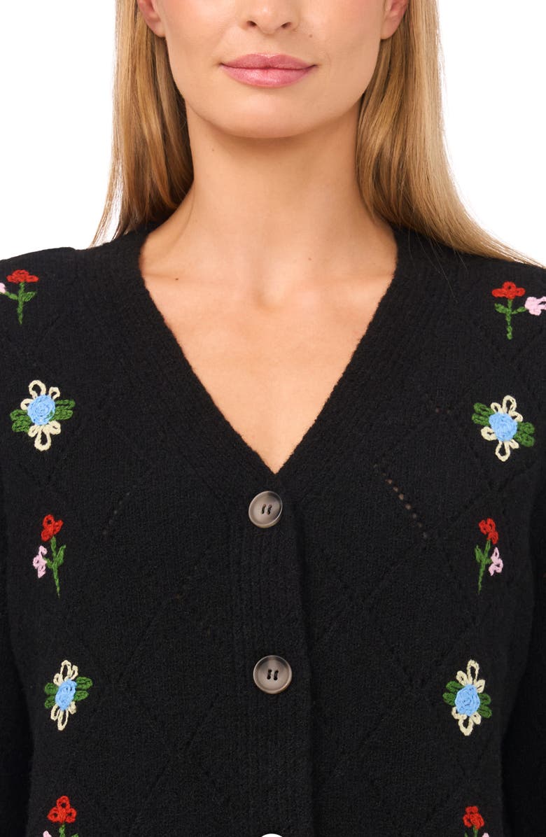 CeCe Floral Embroidered Pointelle Stitch Cardigan, Alternate, color, Rich Black