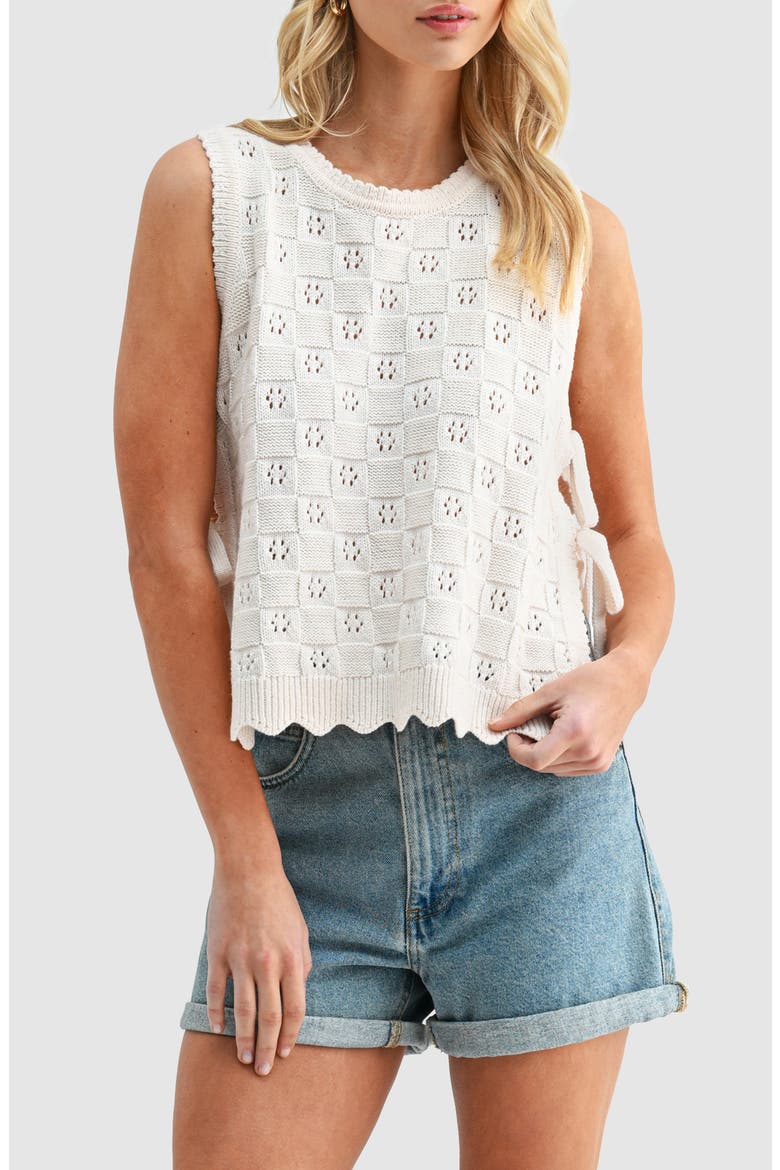 Side Tie Check Stitch Cotton Blend Sweater Vest, Main, color, CREAM