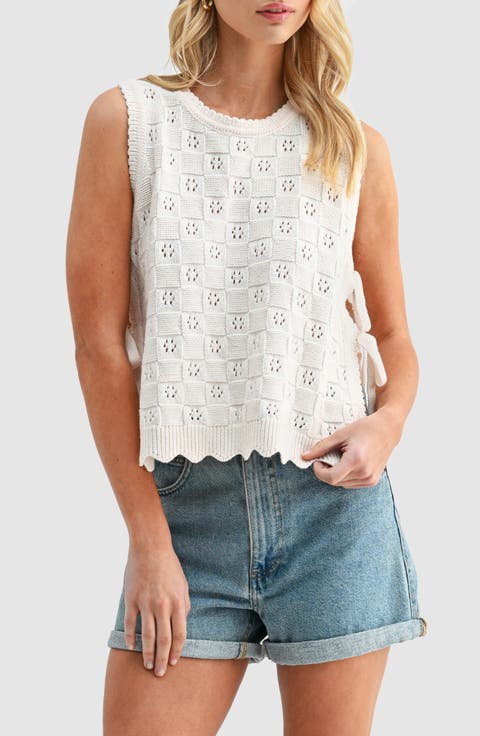 Side Tie Check Stitch Cotton Blend Sweater Vest