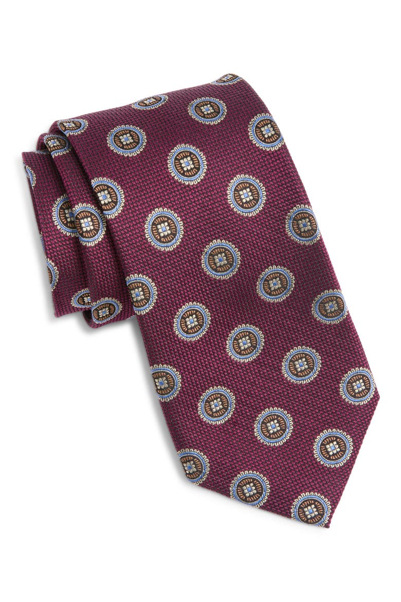 Medallion Silk Tie, Main, color, WINE