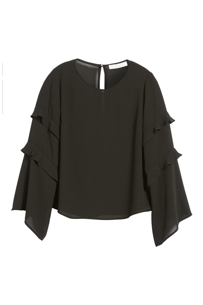 Ruffle Bell Sleeve Blouse, Alternate, color, BLACK