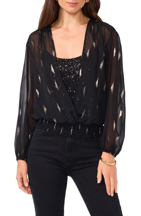 Sequin Metallic Surplice Long Sleeve Top