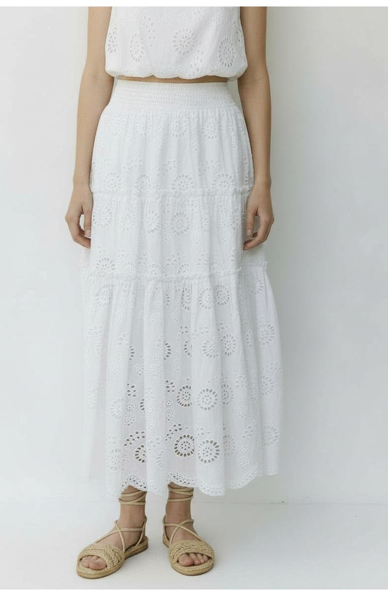 Change of Scenery Charlie Eyelet Embroidered Smock Waist Slit Skirt, Main, color, Fresh White