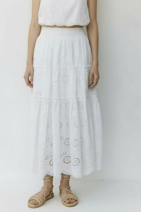 Charlie Eyelet Embroidered Smock Waist Slit Skirt