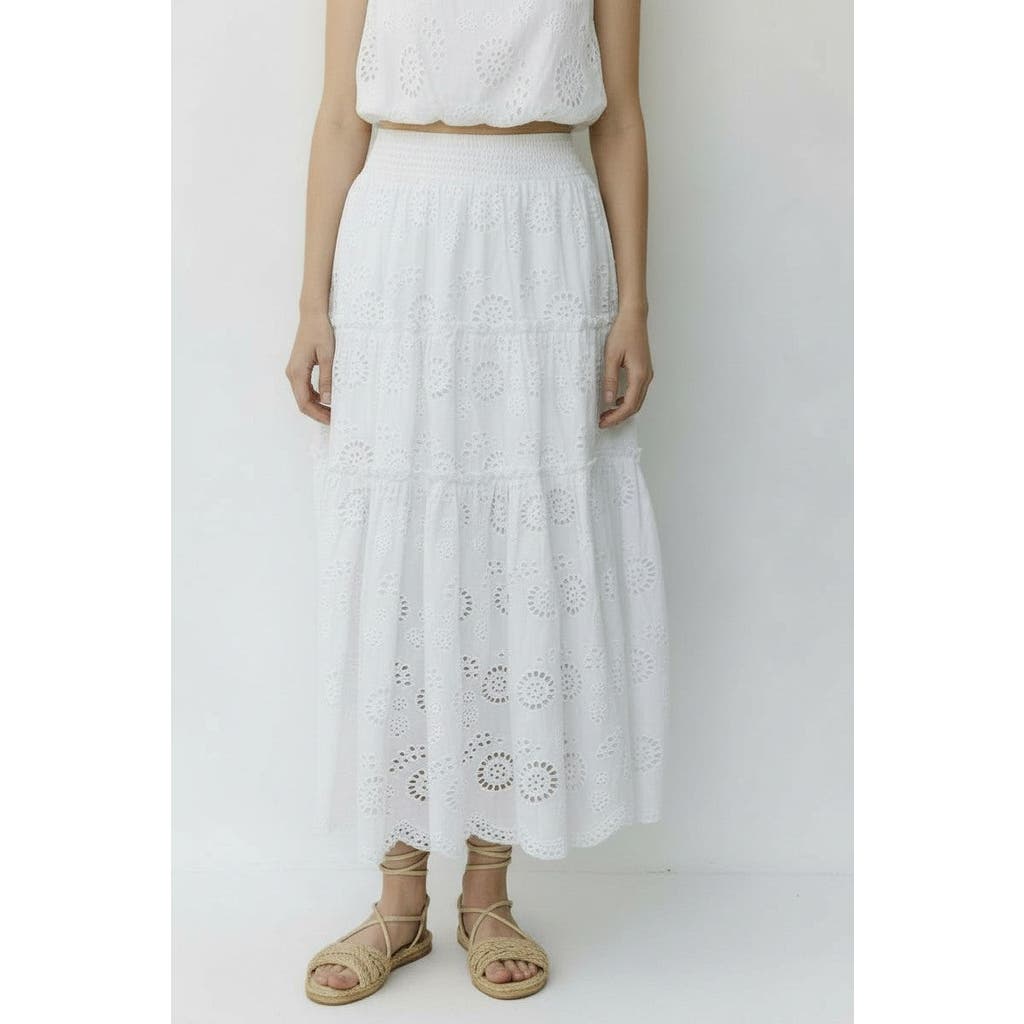 Change Of Scenery Charlie Eyelet Embroidered Smock Waist Slit Skirt In White