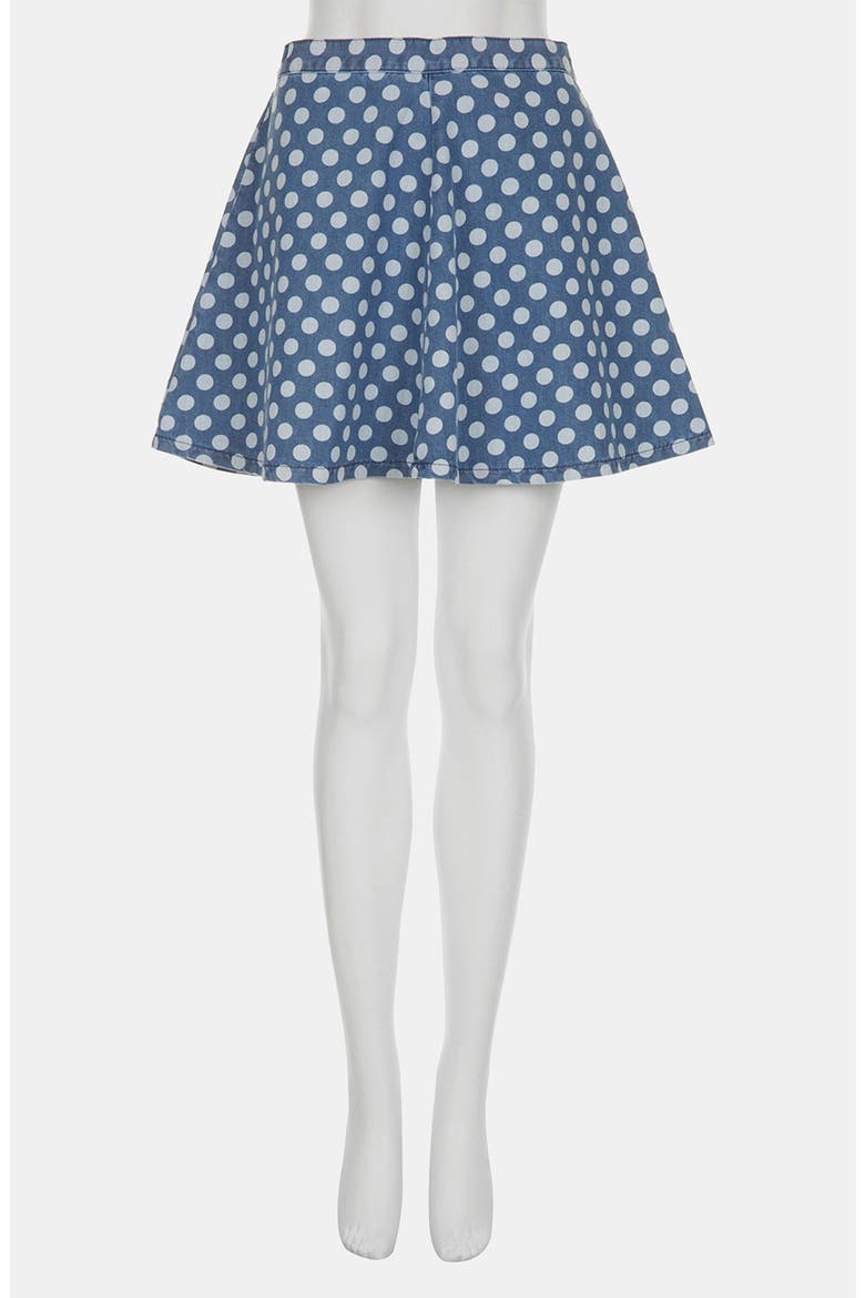 Moto Polka Dot Denim Skater Skirt, Alternate, color, MID DENIM