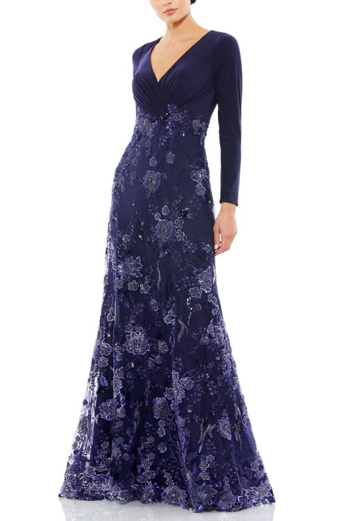 Mac Duggal Embellished Long Sleeve Wrap Over Trumpet Gown In Midnight