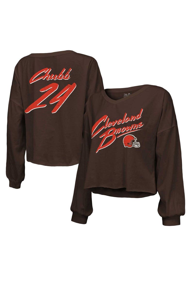 Women's Majestic Threads Nick Chubb Brown Cleveland Browns Name & Number Off-Shoulder Script Cropped Long Sleeve V-Neck T-Shirt, Main, color, Brown