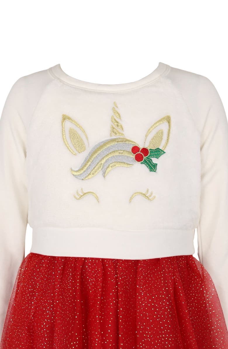 Zunie Kids' Unicorn Embroidered Long Sleeve Plissé Dress, Alternate, color, Cream/ Red