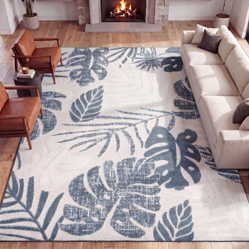 Jonathan Y Monstera Tropical Leaf High-low Indoor/outdoor Area Rug In Cream/dark Blue