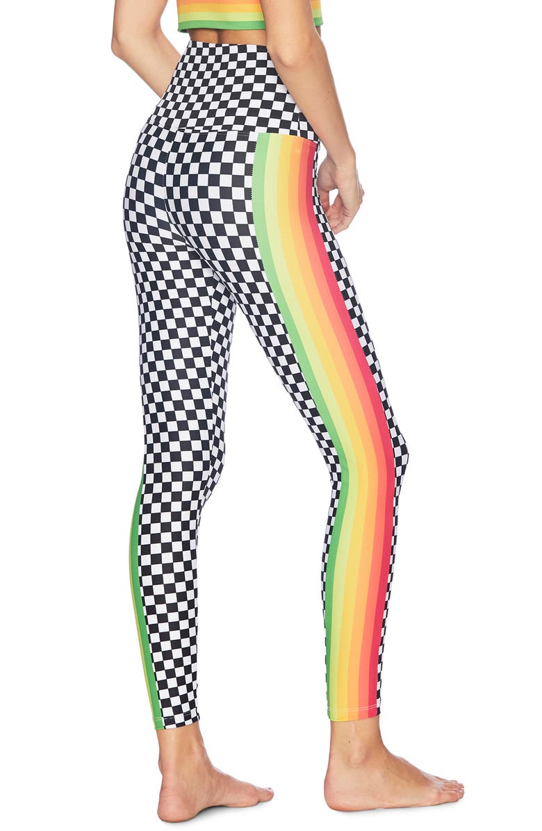 Beach Riot Jade Neon Stripe & Check Print Leggings, Alternate, color, 