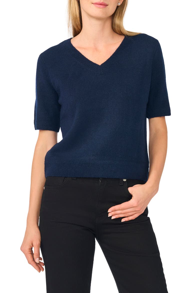 V-Neck Short Sleeve Sweater, Main, color, CLASSIC NAVY